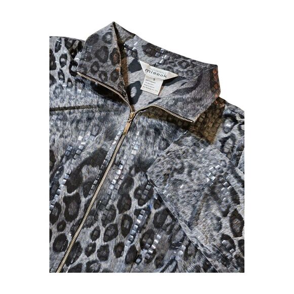 Exclusively Misook Leopard Print Paillettes Zip Front Jacket Black Gray Womens S - Picture 1 of 6